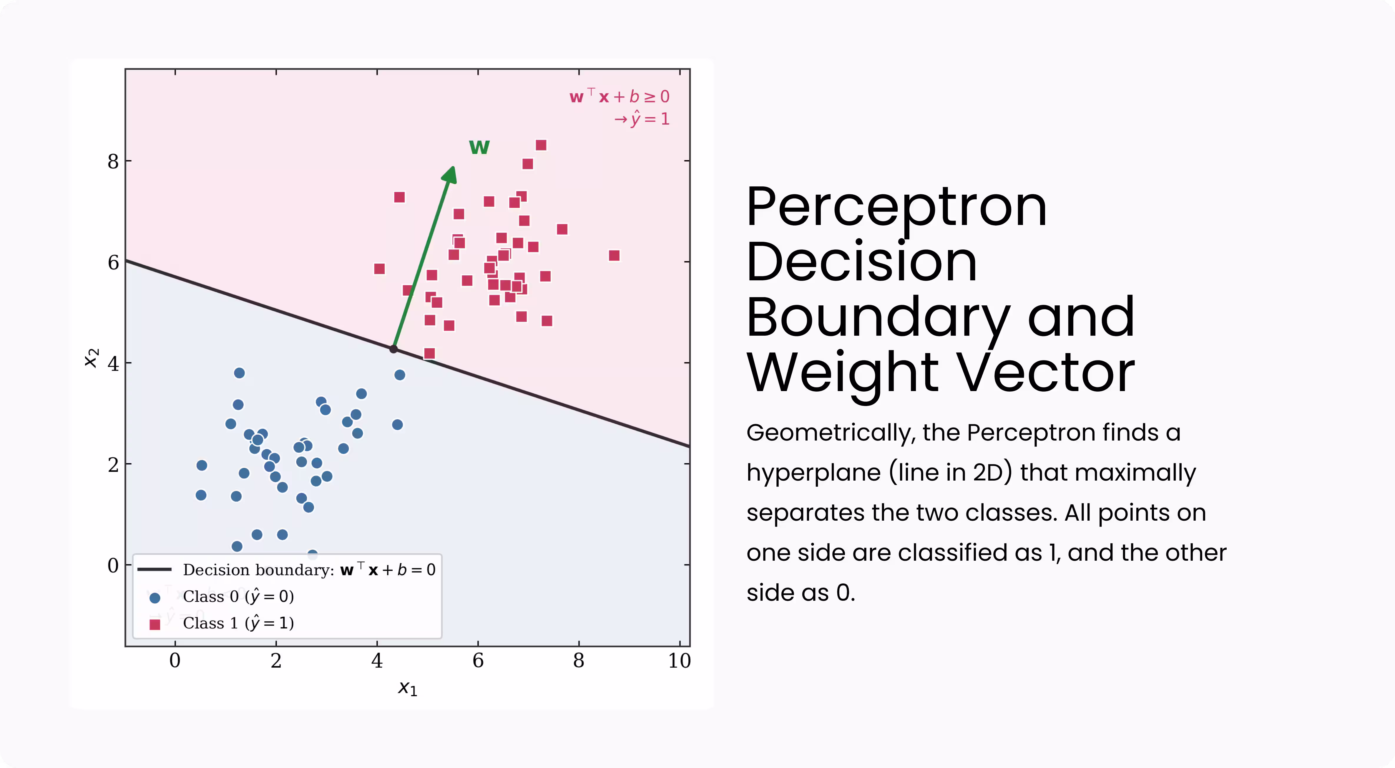 2D scatter plot showing a perceptron's linear decision boundary separating two classes of data points, with the weight vector shown orthogonal to the boundary line.