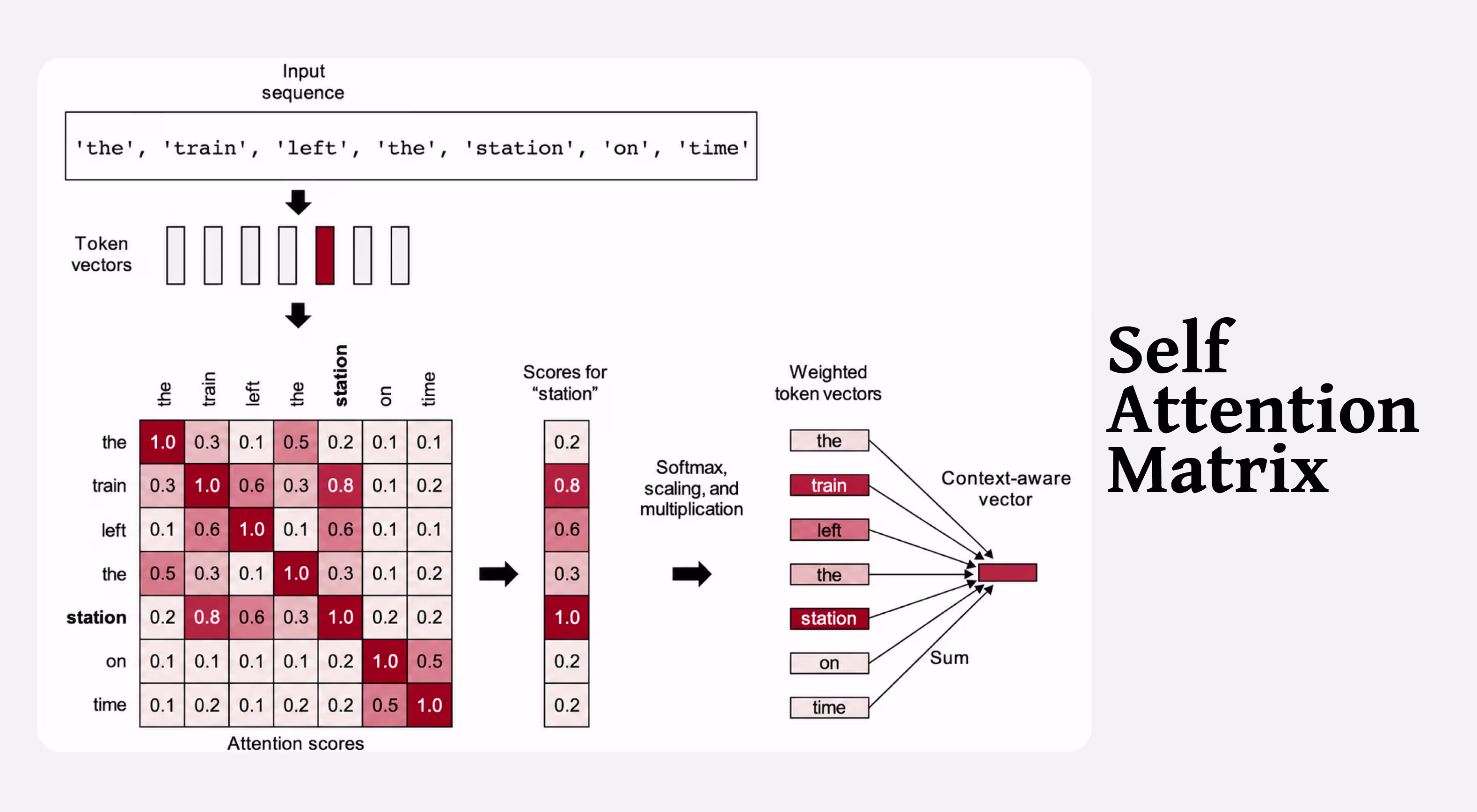 Transformer self-attention matrix illustrating how attention scores are converted into weighted token representations to produce context-aware embeddings.