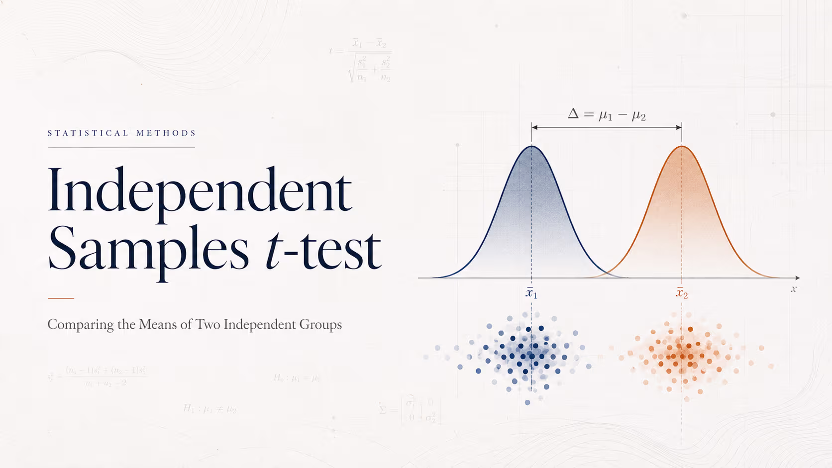 Diagram showing two separate unrelated groups of subjects with distinct distributions, illustrating the between-group comparison analyzed by an independent samples t-test.